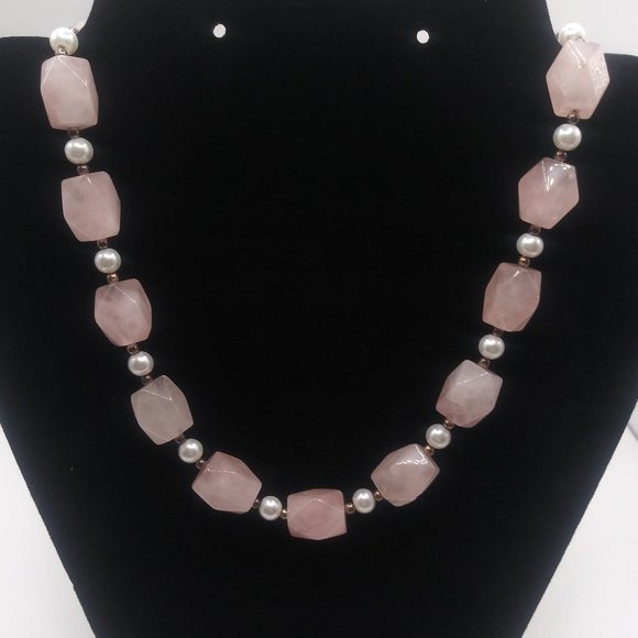 Mid-Century s925 Faceted Rose Quartz/ Pearl Choker - Picture 4 of 8